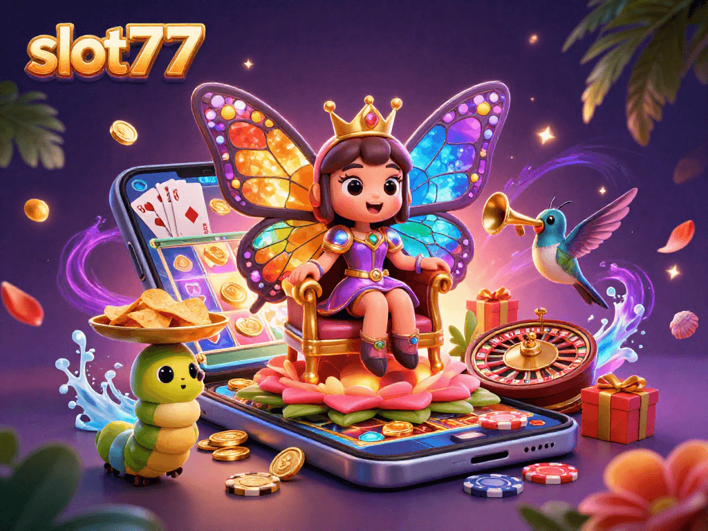 Experience the excitement of slot777 with a vibrant 3D illustration featuring winning slots and colorful characters.