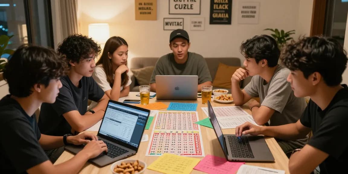 Teman-teman berdiskusi strategi syair menang dengan data angka di ruang tamu yang nyaman.