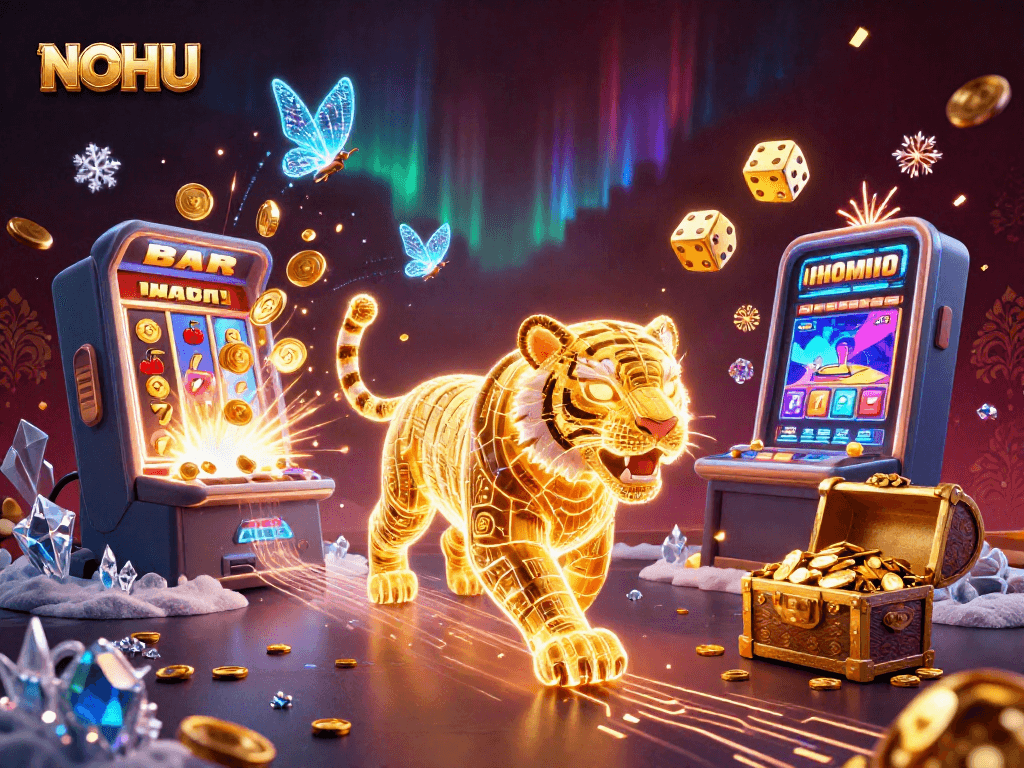 Experience thrilling gameplay at NOHU Casino with a neon tiger and vibrant slot machines