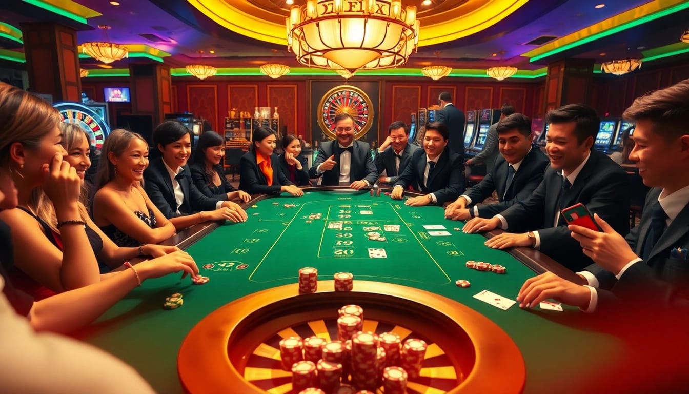 B52 Club poker players strategizing over a vibrant gambling table filled with chips and cards.