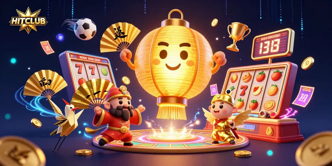 HITCLUB features a giant lantern spirit in a magical casino scene surrounded by dynamic 3D gaming elements.
