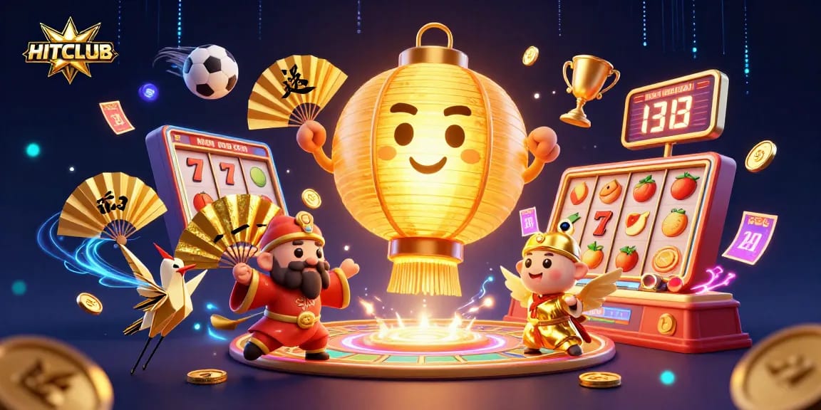 HITCLUB features a giant lantern spirit in a magical casino scene surrounded by dynamic 3D gaming elements.