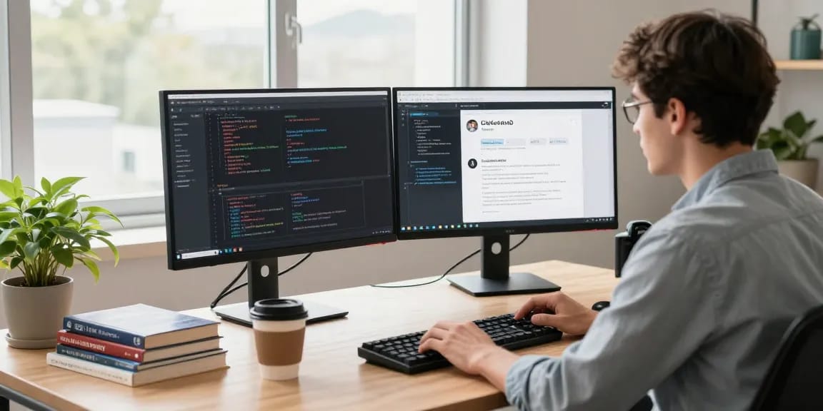 Coding workspace with developer focused on CIKA4D platform development, showcasing technology and creativity.