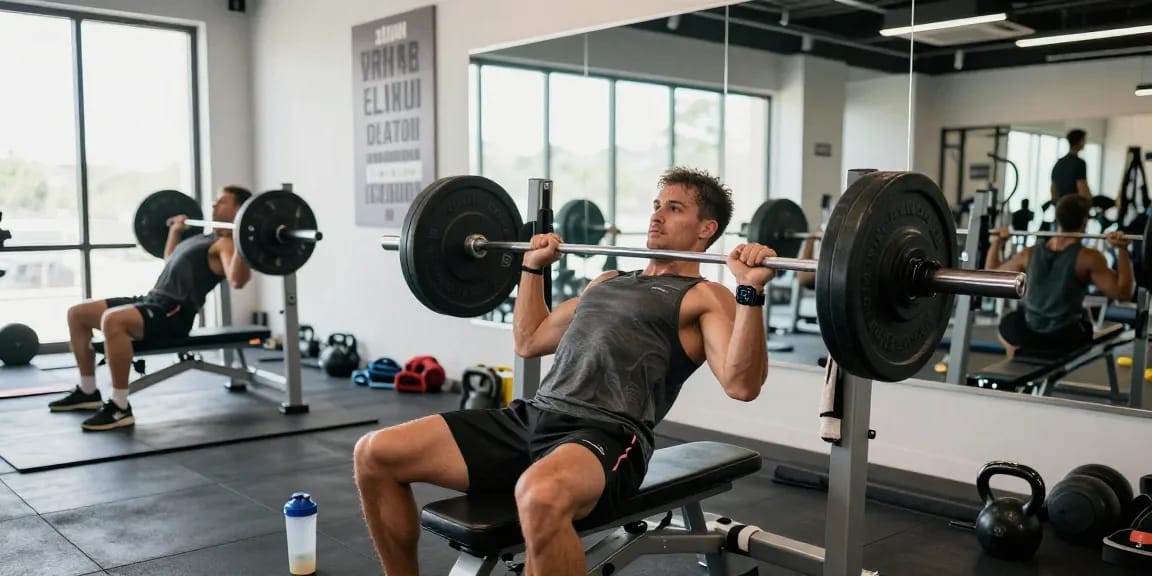Man lifting weights showcasing Deus Medical Steroids in a modern gym setting, emphasizing fitness dedication.
