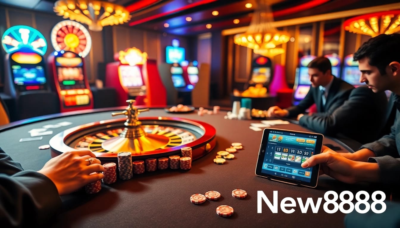 Experience the thrill of New888 as players engage with casino tables filled with vibrant chips and cards.