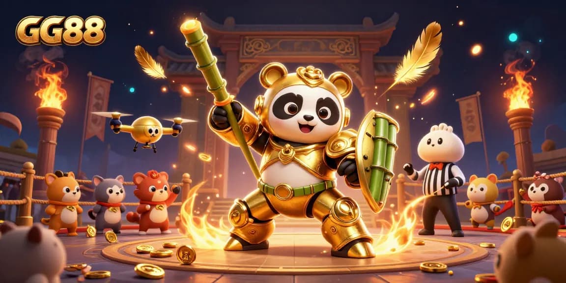 Experience the excitement of GG88 with a dynamic 3D illustration showcasing thrilling gaming action and vibrant characters.