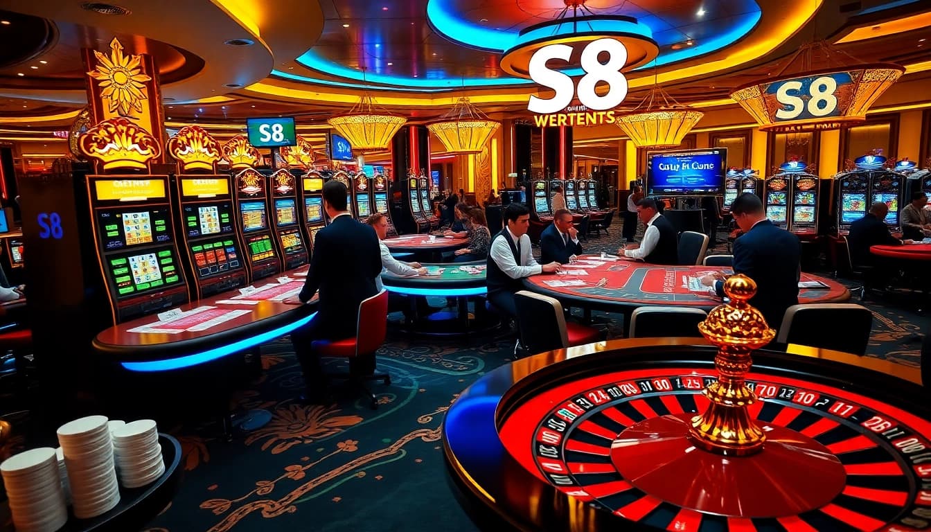 Experience high-stakes gambling at S8 casino, featuring vibrant slot machines and experienced players.
