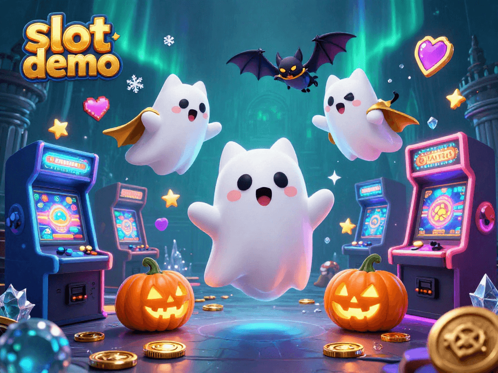 Slot demo dengan karakter kucing hantu dan kelelawar memainkan mesin slot dalam suasana kasino.