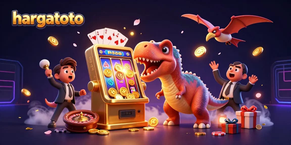 hargatoto features a cartoon dinosaur headbutting a slot machine amid flying coins and colorful gaming elements.