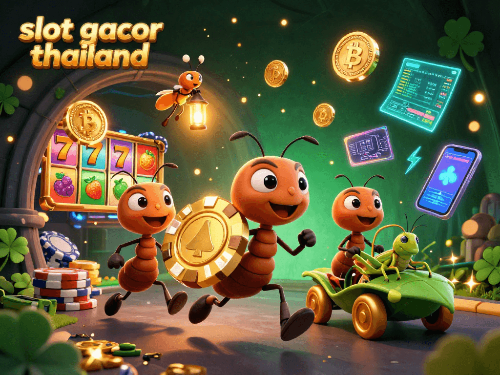 Engage in slot gacor thailand excitement with cartoon ants heisting a golden poker chip.