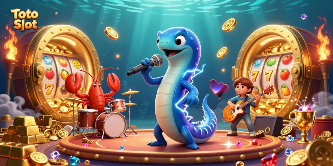 Experience Toto Slot excitement with vibrant characters and casino elements in a packed underwater scene.