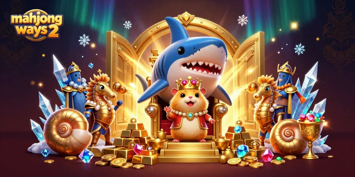 Experience mahjong ways 2 with a fierce golden hamster king on a treasure throne amidst casino riches.