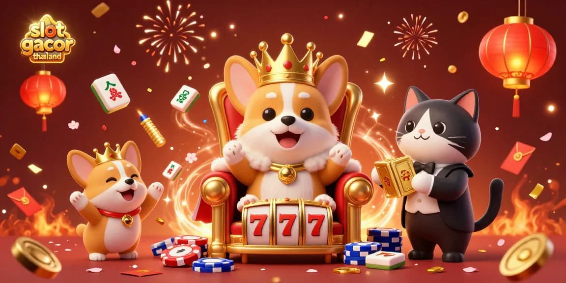 Celebrate with slot gacor thailand as the royal corgi and friends enjoy vibrant casino luck.