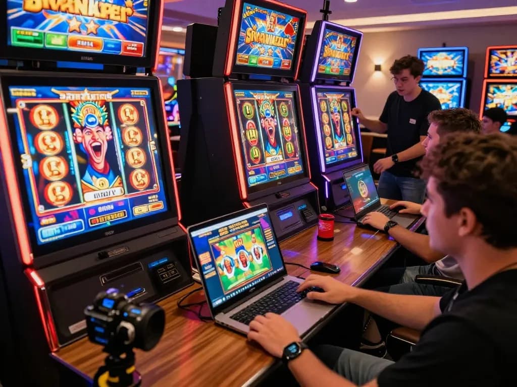 Koinvegas slot game interface displayed on a laptop with players celebrating wins at colorful machines.