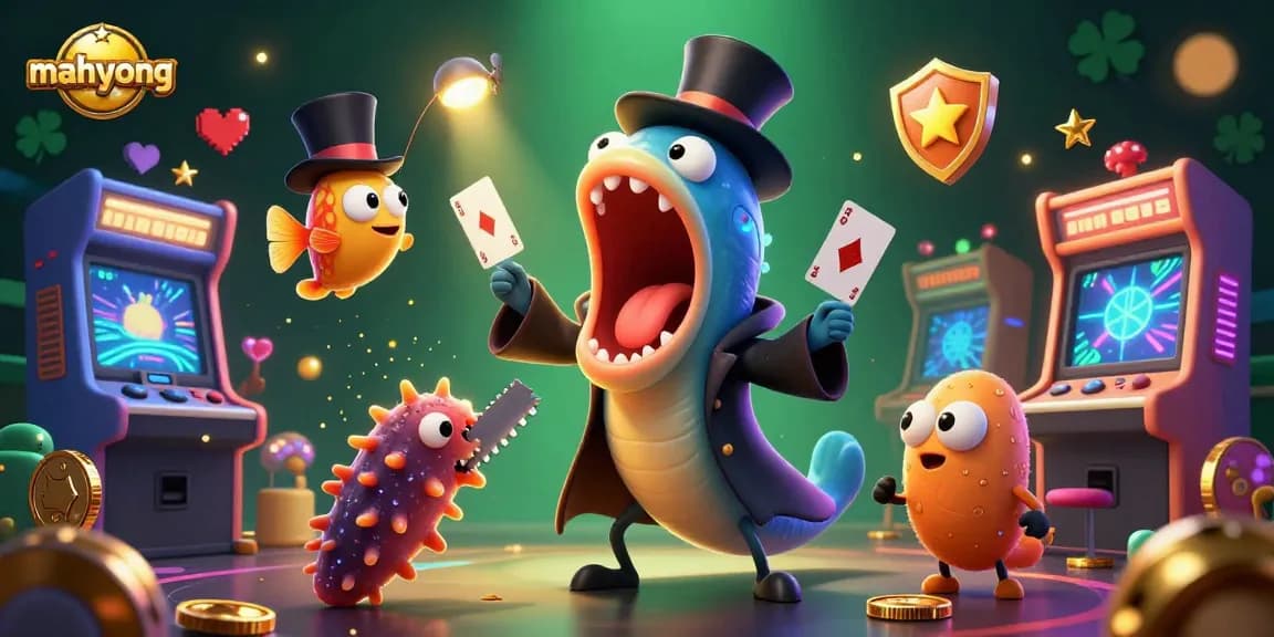 Join the exciting mahyong action while a bioluminescent eel performs card tricks in a vibrant casino scene.