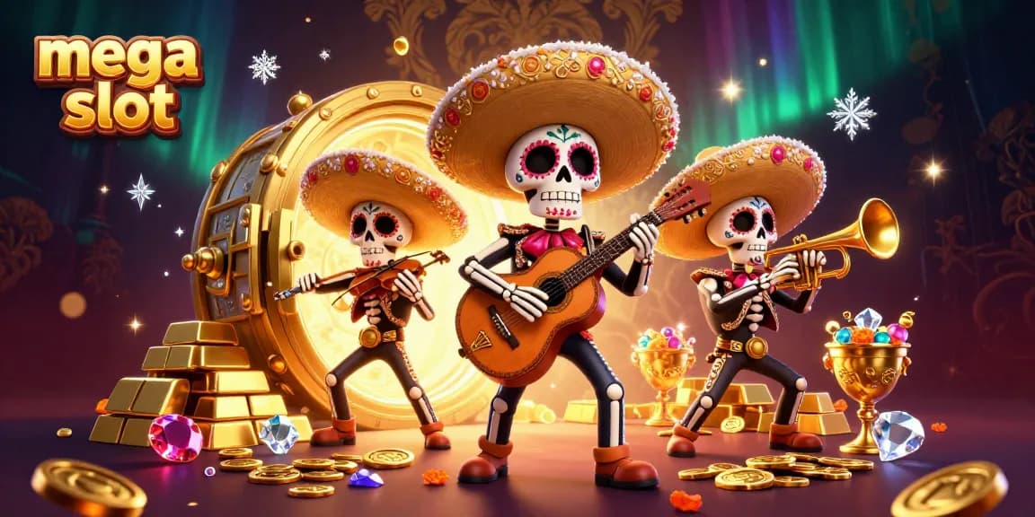 Menangkan mega slot dengan band mariachi kerangka yang meriah di tengah tumpukan harta karun.