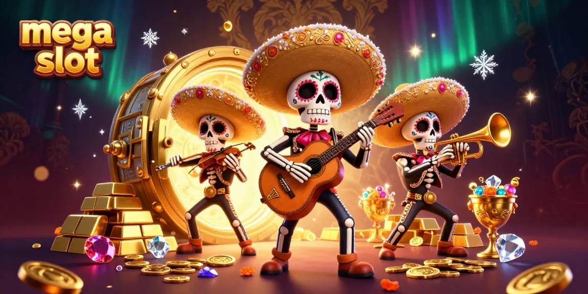 Menangkan mega slot dengan band mariachi kerangka yang meriah di tengah tumpukan harta karun.