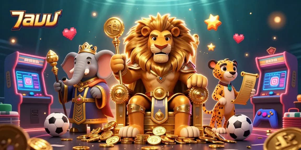 Betting on แทงบอล featuring a fierce lion king and supporting characters amidst vibrant sports elements.