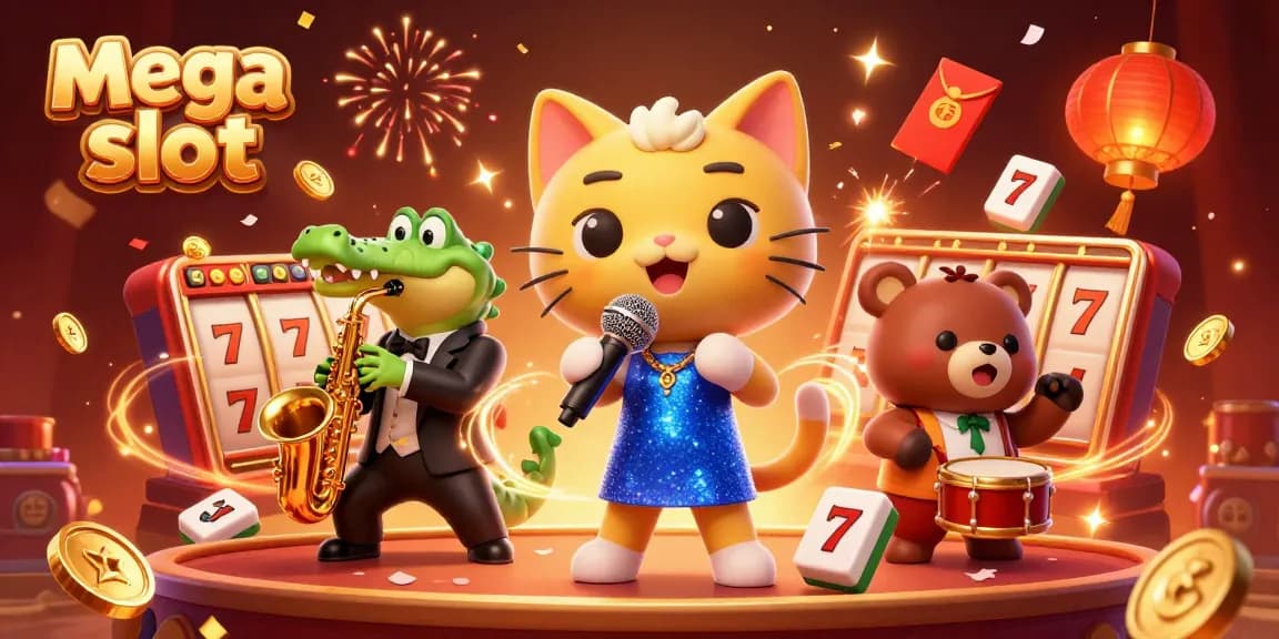Mega slot menawarkan pengalaman bermain yang menarik dengan karakter lucu dan elemen kasino yang bersinar.