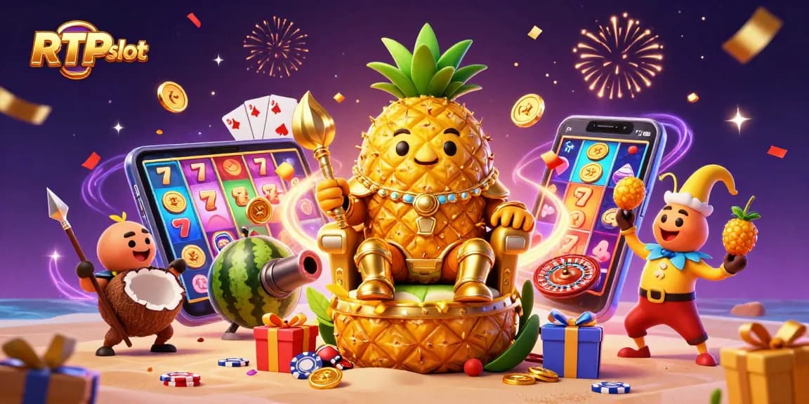 Engaging RTP slot illustration with a golden pineapple king, coconut guards, and vibrant slot game dynamics.
