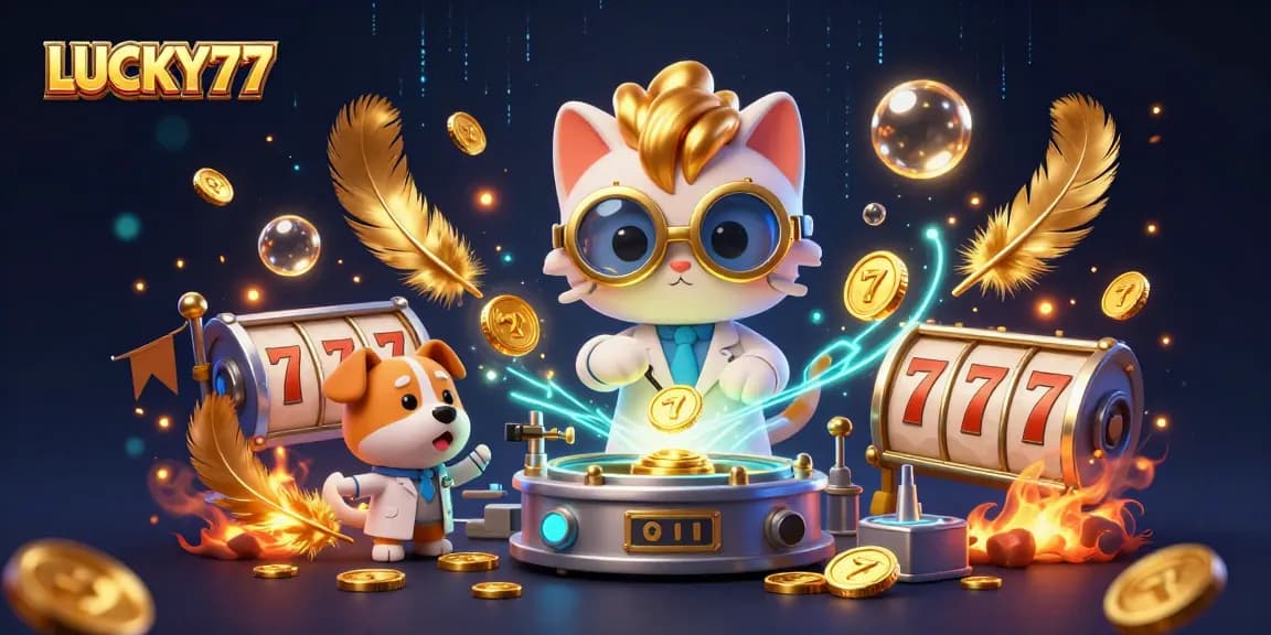 Engage with LUCKY77's thrilling slots as a scientist and assistant create gold coins!