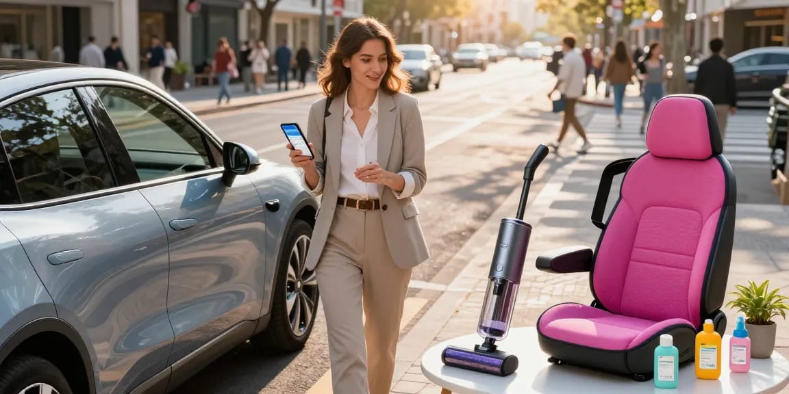 Car accessories supplier showcasing innovative products in urban environment.