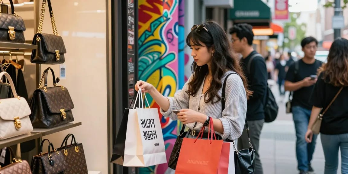 Trendy shopper exploring a 레플리카 쇼핑몰 with vibrant fashion items in an urban setting.