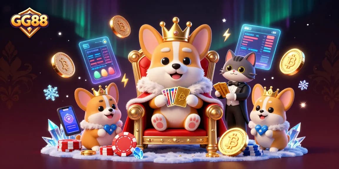 Win with GG88: A royal corgi presides over a vibrant casino scene filled with crypto delights.