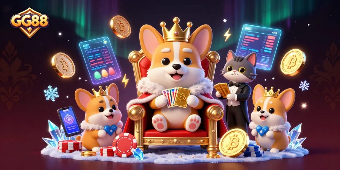 Win with GG88: A royal corgi presides over a vibrant casino scene filled with crypto delights.