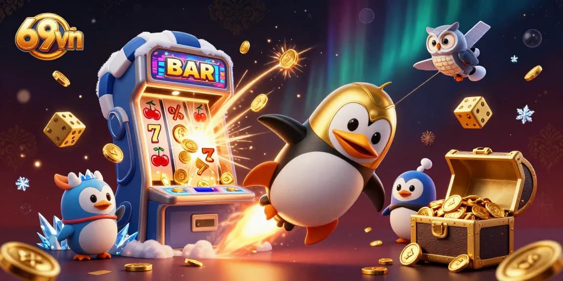 Experience thrilling casino adventures with 69vn's vibrant gaming scene featuring a golden penguin and jackpot!