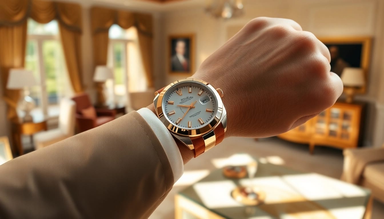 Showcasing a rolex replica on a stylish wrist in an elegant setting.