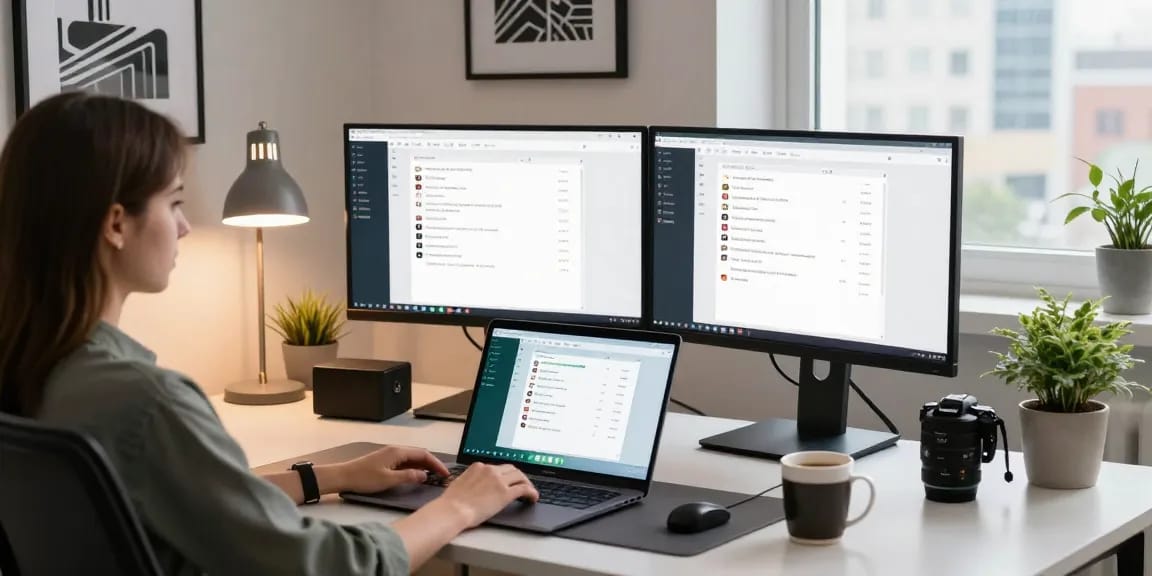 Experience WhatsApp電腦版 in a modern workspace with dual monitors and tech ambiance.