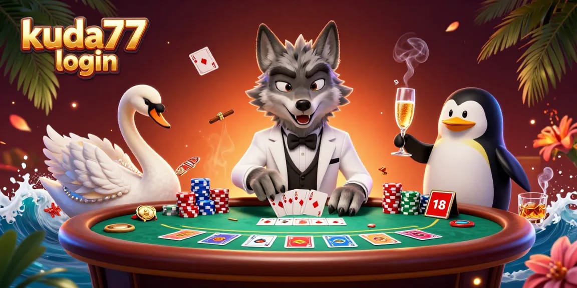 Melakukan login ke kuda77 dan mendapatkan hadiah dengan tampilan kasino megah dan karakter lucu.