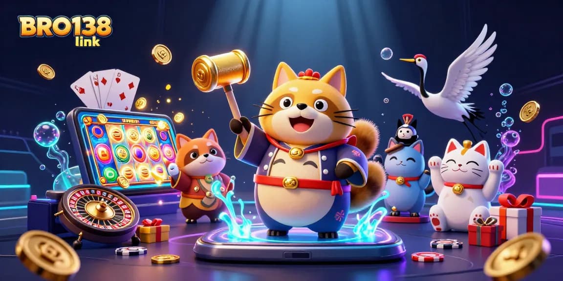Experience the excitement of BRO138 link with colorful slot games and lucky symbols in a vibrant casino-themed illustration.