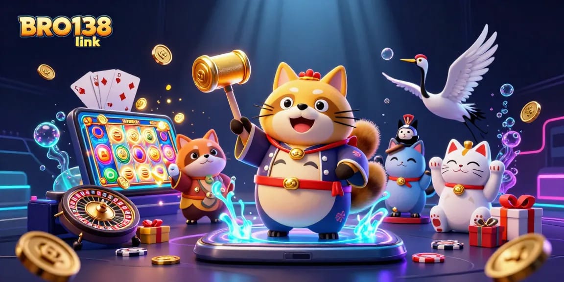 Experience the excitement of BRO138 link with colorful slot games and lucky symbols in a vibrant casino-themed illustration.