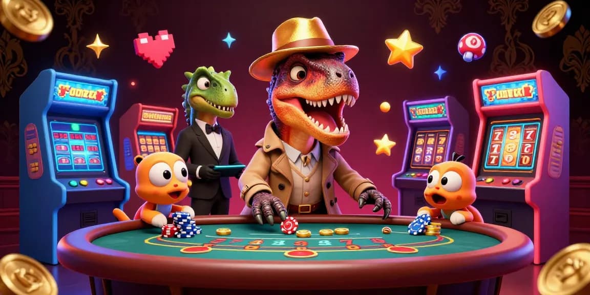 Cổng game bài đổi thưởng Sunwin showcases an engaging scene of a velociraptor card counter and casino characters among vibrant gaming elements.
