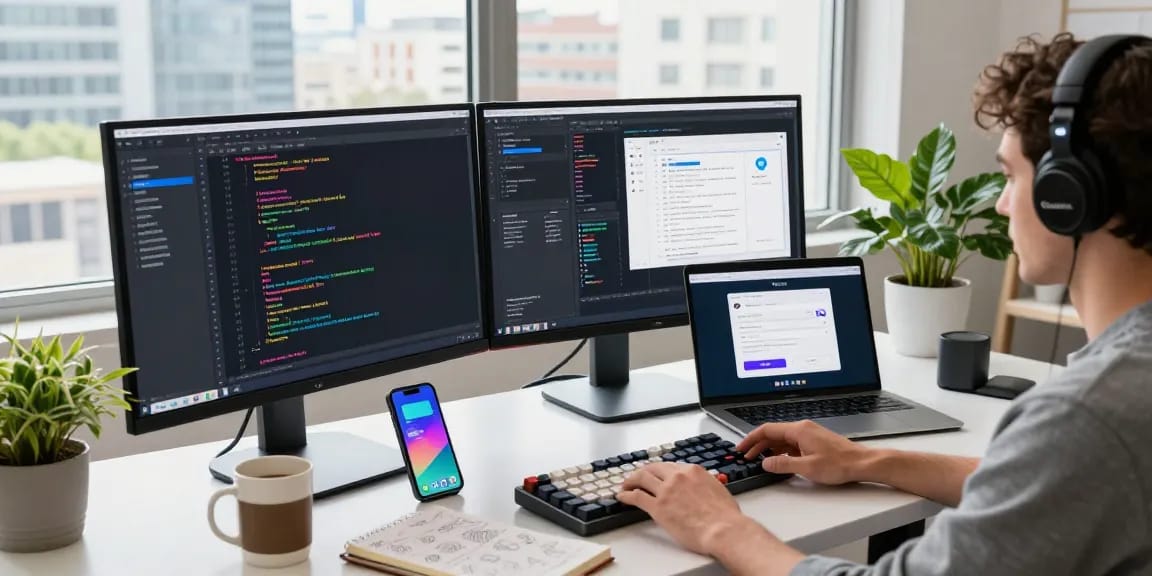 Engage with Telegram Download: A vibrant tech workspace showcasing app development and communications.