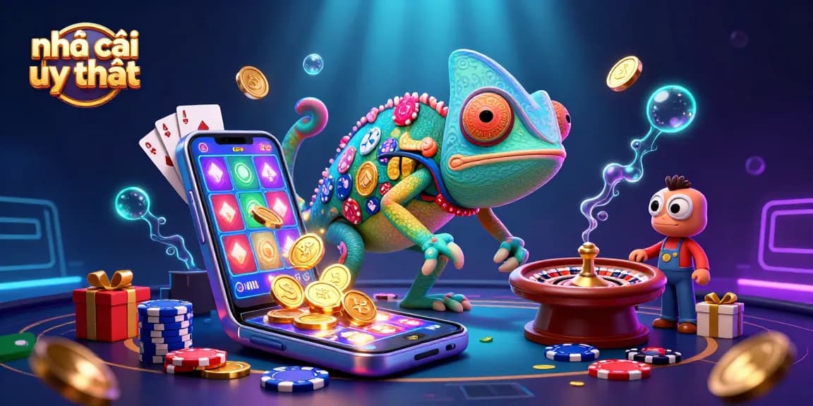Experience vibrant excitement as nhà cái uy tín highlights a colorful casino scene with dynamic gaming action and engaging characters.