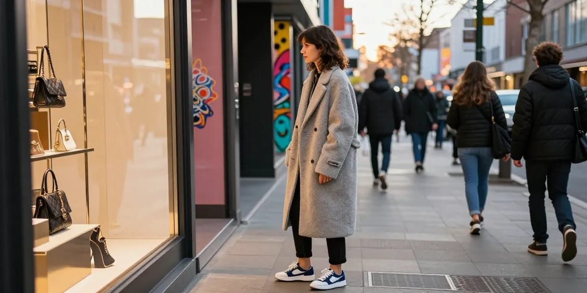 Stylish individual exploring 명품 레플리카 accessories in a vibrant urban fashion scene.