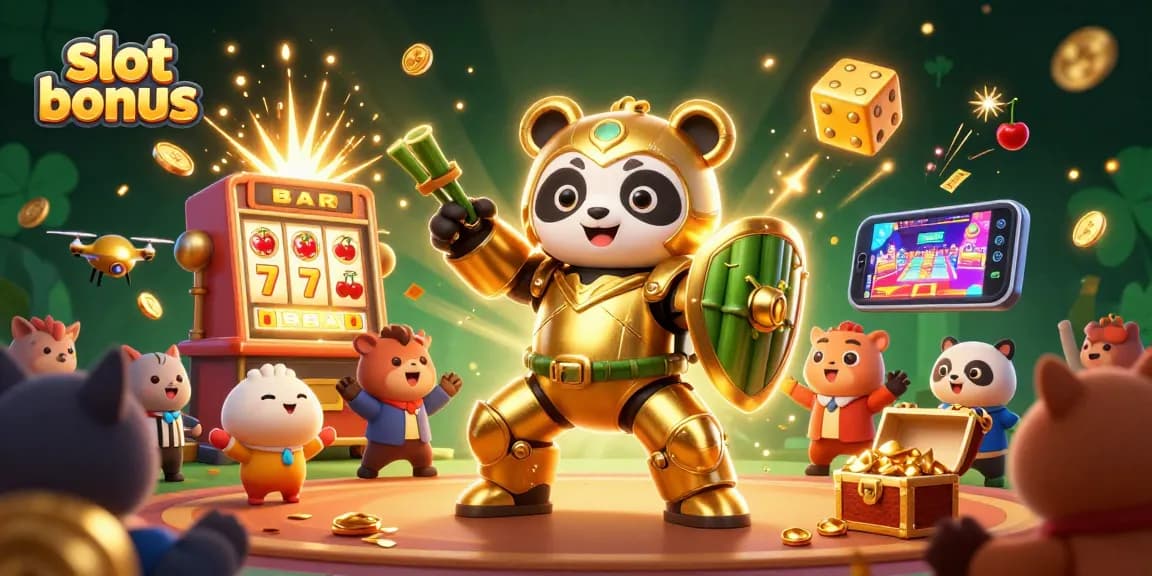 Experience the thrill of a slot bonus with a dynamic 3D scene of a golden panda in a mech-suit.