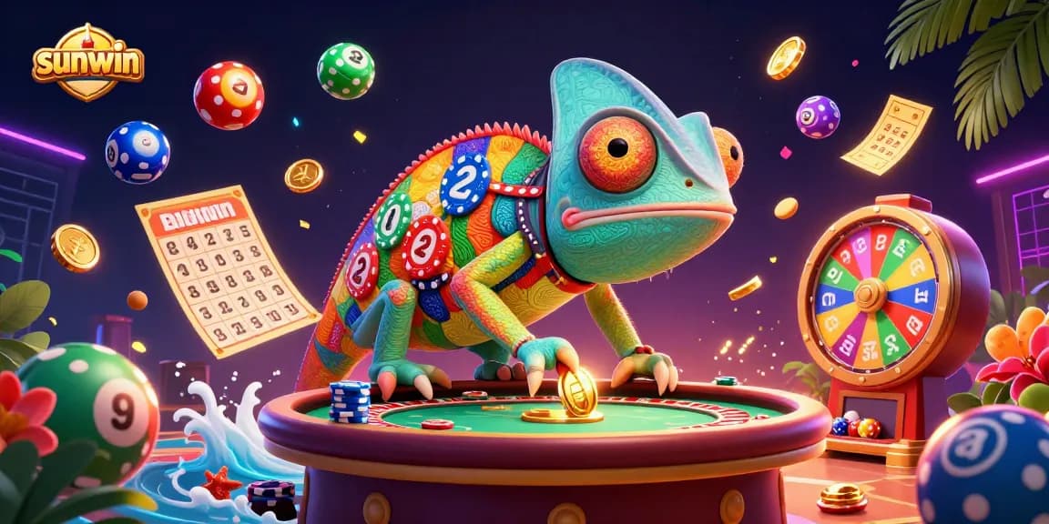Experience Sunwin's thrilling gambling action with vibrant casino elements and a chameleon character.