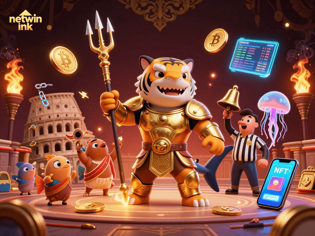 Engage with netwin ink as a cartoon shark gladiator dominates an underwater casino showdown.