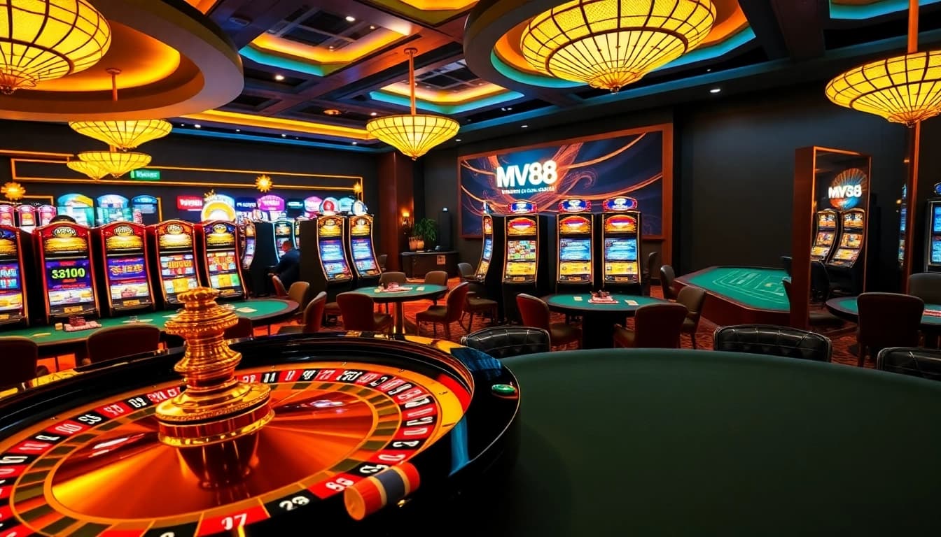 Engaging scene featuring MV88 game action with vibrant casino tables, chips, and player excitement.