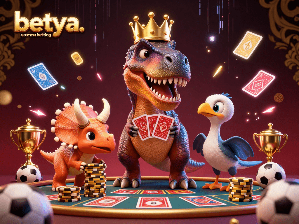 Betya.com MMA betting scene featuring a T-Rex shuffling cards, perfect for gamblers.