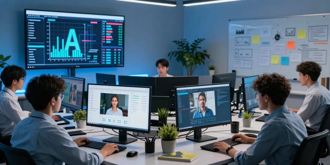Team analyzing data using a free ai image detector in a modern office setting, showcasing collaborative AI technology.