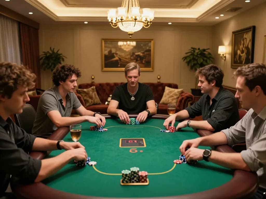 Gameplay scene featuring players engaging with NSFW games at an elegant poker table with stacks of chips.