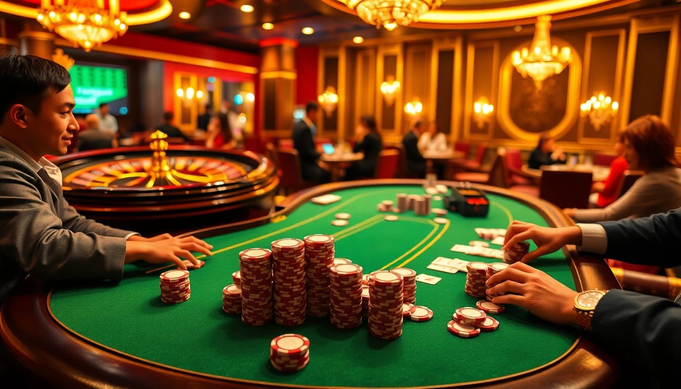 Players enjoying a thrilling game at nhà cái 789win's high-stakes poker table under luxurious lighting.