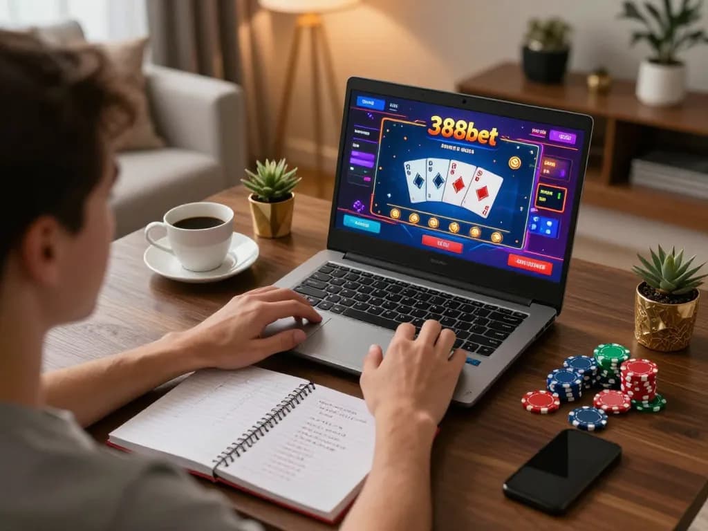 Player enjoying online casino action with 388bet on a laptop, cozy environment highlighting responsible gaming.