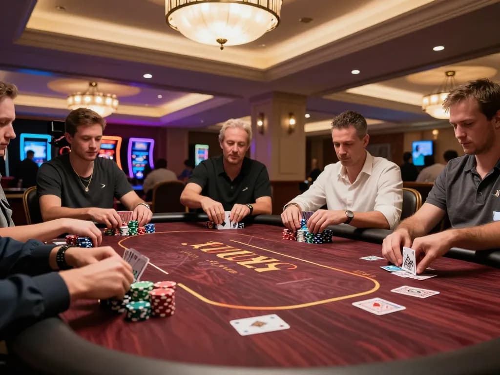 Player engaged in a thrilling game of poker at vip99win's upscale casino, showcasing competitive atmosphere and strategic gameplay.