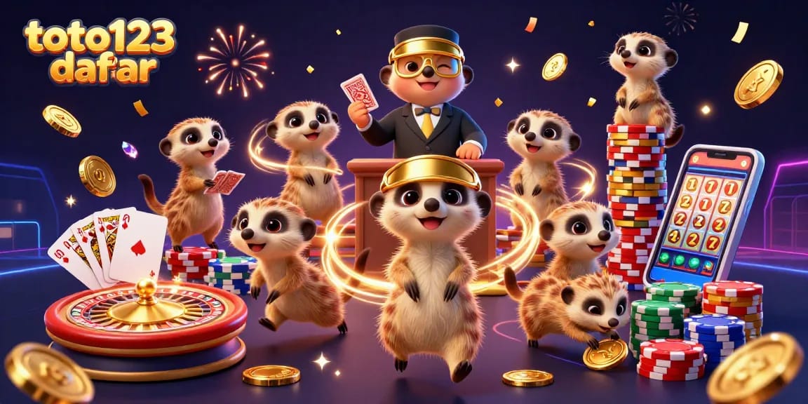 Toto123 daftar showcases a thrilling casino scene featuring meerkats managing games with vibrant tokens and exciting roulette action.